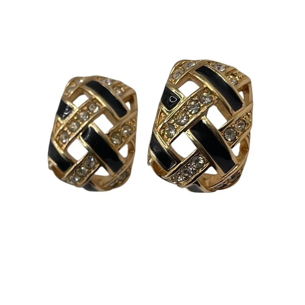 Pierced Earrings-Authentic‎ Swan Stamped Swarovski-Gold/Black-Rhinestone Weave